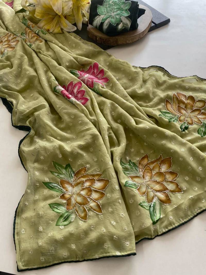 Beige georgette printed saree with floral print