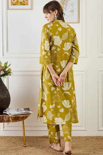 Mustard women floral printed cotton kurta with trousers