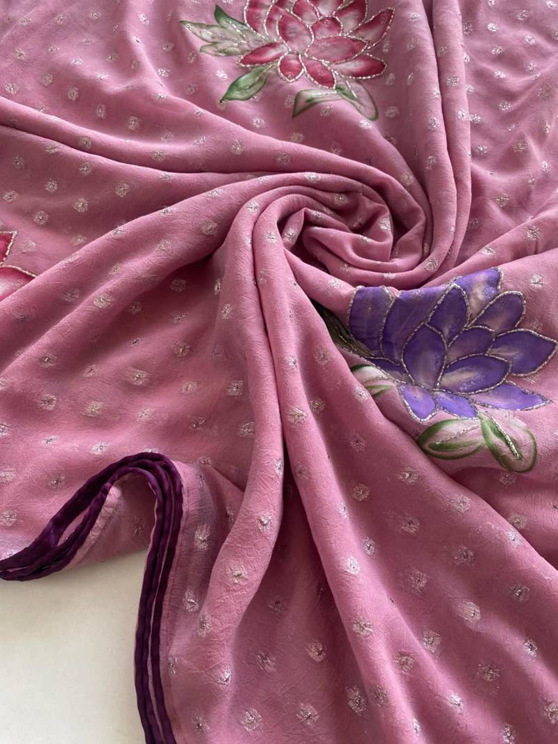 Beige georgette printed saree with floral print