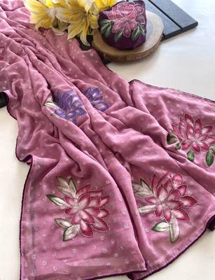 Beige georgette printed saree with floral print 2