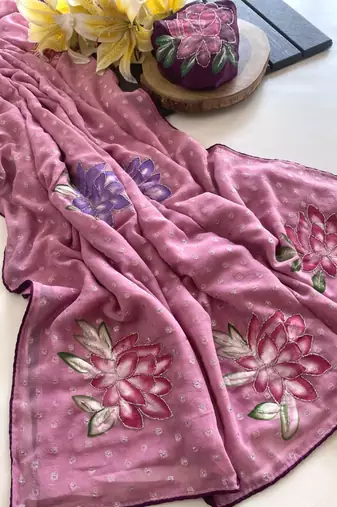 Beige georgette printed saree with floral print