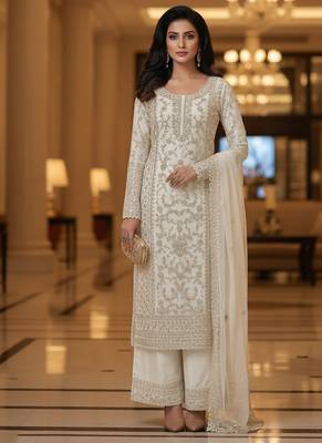 White color girlie butterfly net ceremonial salwar kameez for glamorous looks 2
