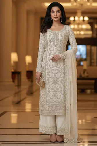 White color girlie butterfly net ceremonial salwar kameez for glamorous looks