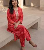 Red women leheriya printed mirror work kurta