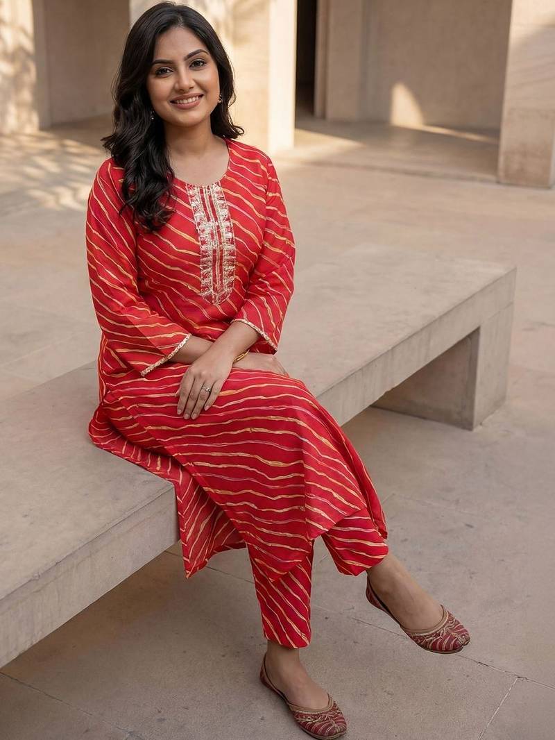 Red women leheriya printed mirror work kurta