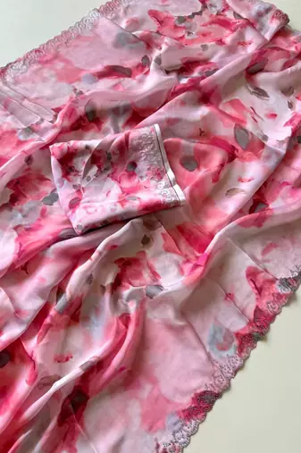 Multicolor satin printed saree with floral print