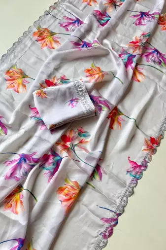 Multicolor satin printed saree with floral print