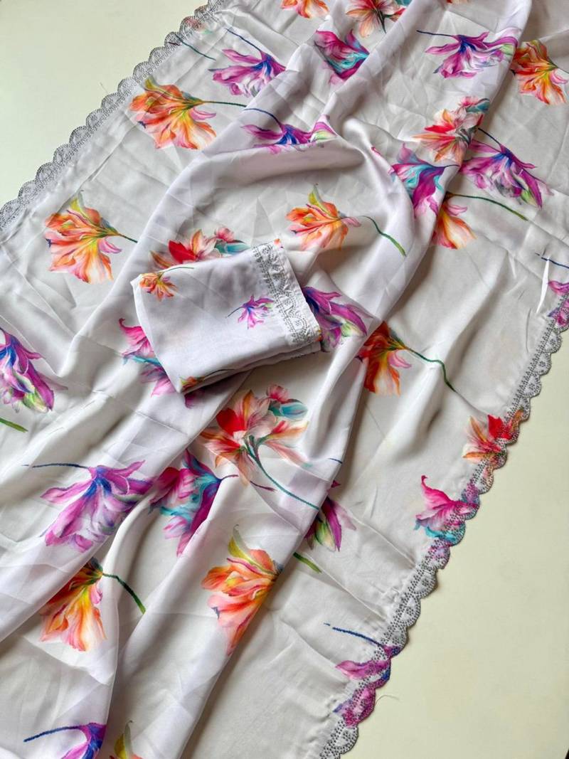 Multicolor satin printed saree with floral print