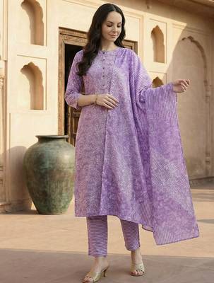 Lavender women ethnic motifs printed cotton kurta with trousers & with dupatta 1