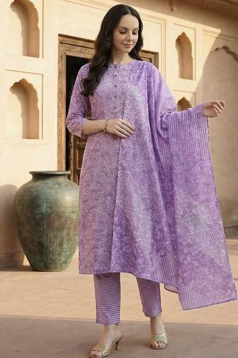 Lavender women ethnic motifs printed regular pure cotton kurta with trousers & with dupatta