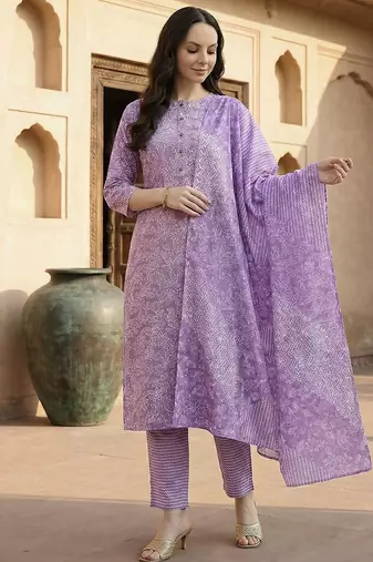 Lavender women ethnic motifs printed regular pure cotton kurta with trousers & with dupatta
