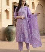 Lavender women ethnic motifs printed regular pure cotton kurta with trousers & with dupatta