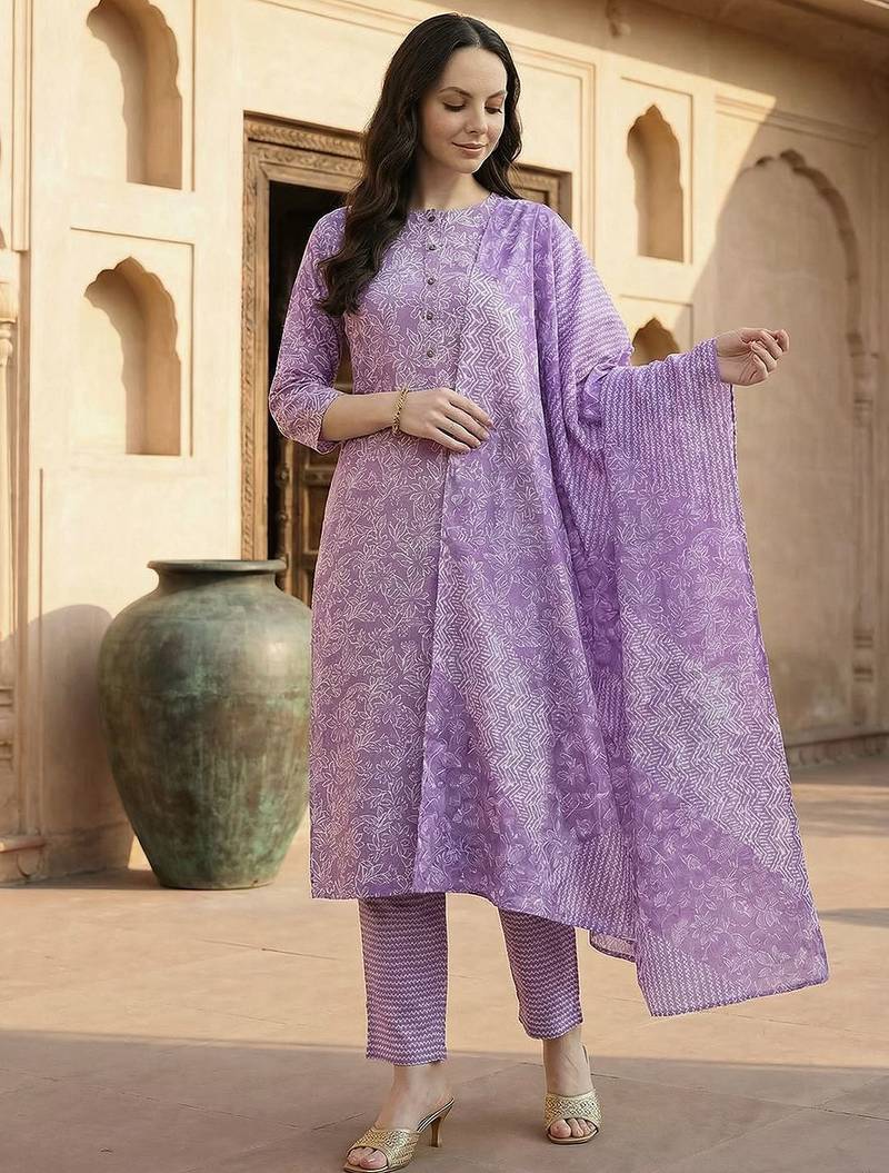 Lavender women ethnic motifs printed regular pure cotton kurta with trousers & with dupatta