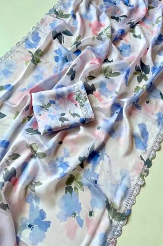 Multicolor satin printed saree with floral print