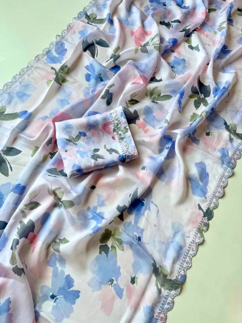 Multicolor satin printed saree with floral print