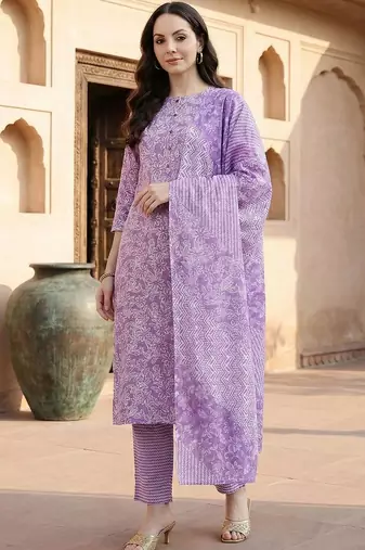Lavender women ethnic motifs printed regular pure cotton kurta with trousers & with dupatta