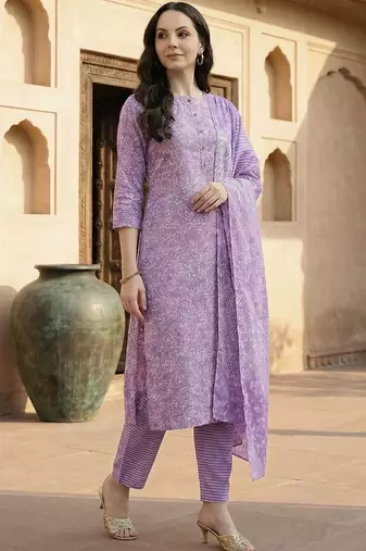 Lavender women ethnic motifs printed regular pure cotton kurta with trousers & with dupatta