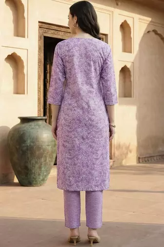 Lavender women ethnic motifs printed regular pure cotton kurta with trousers & with dupatta