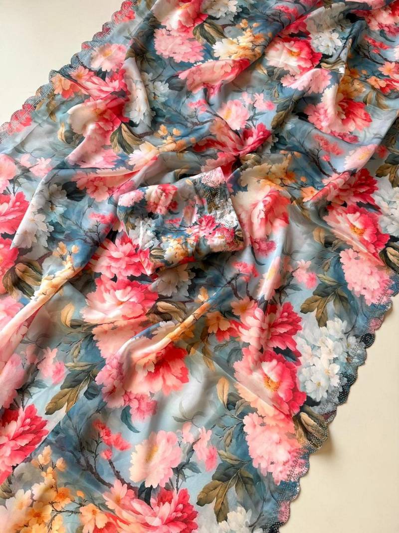 Multicolor satin printed saree with floral print