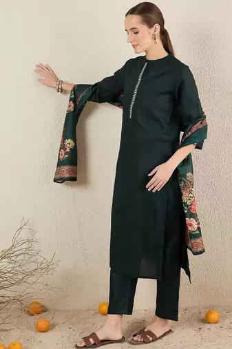Green women embroidered regular kurta with trousers &  dupatta