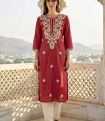 Maroon women floral embroidered thread work kurta