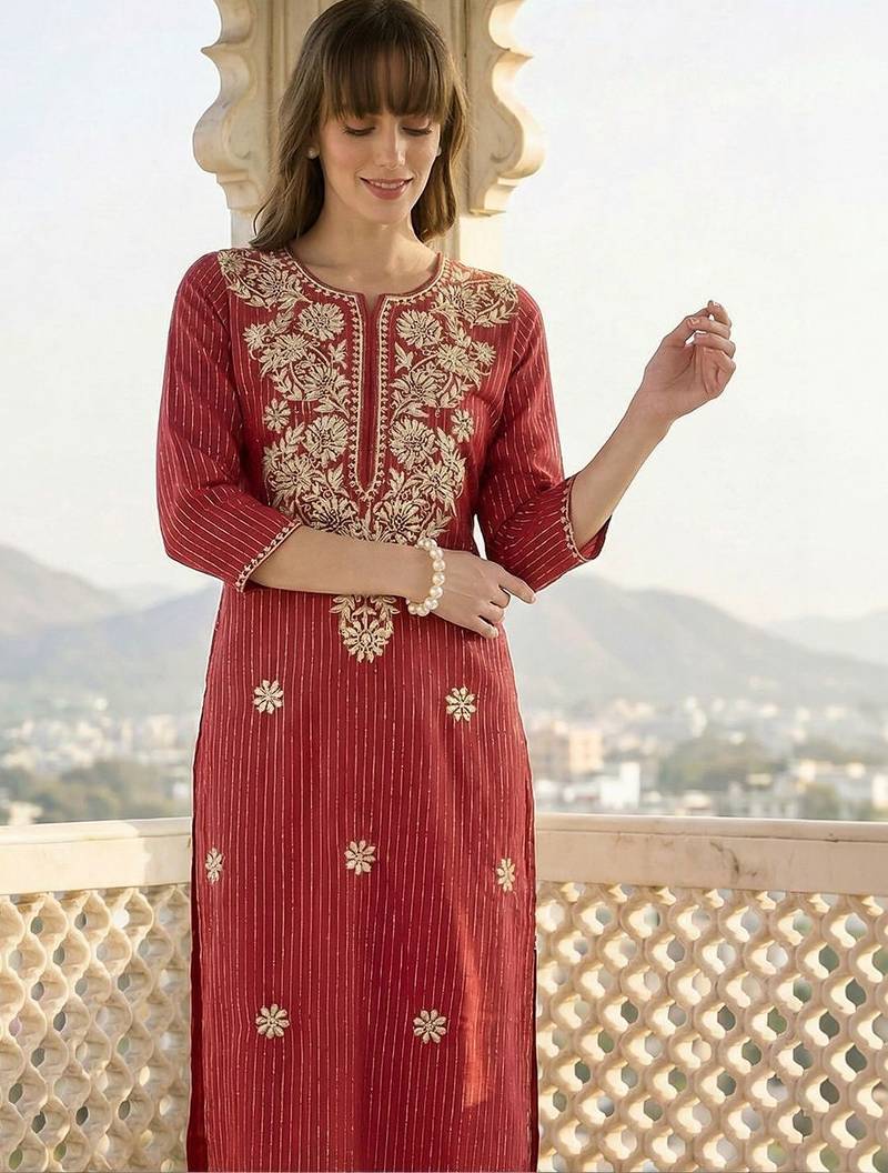 Maroon women floral embroidered thread work kurta