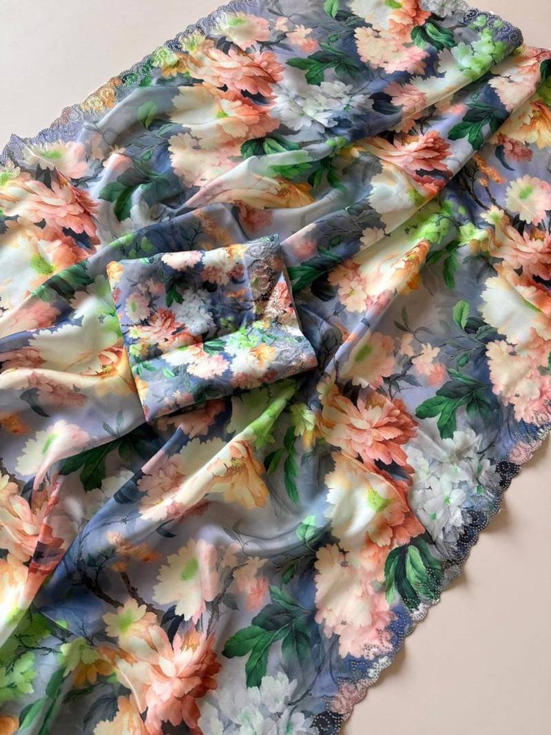 Multicolor satin printed saree with floral print