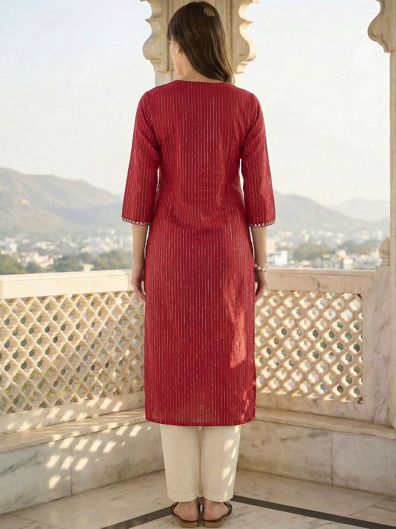 Maroon women floral embroidered thread work kurta