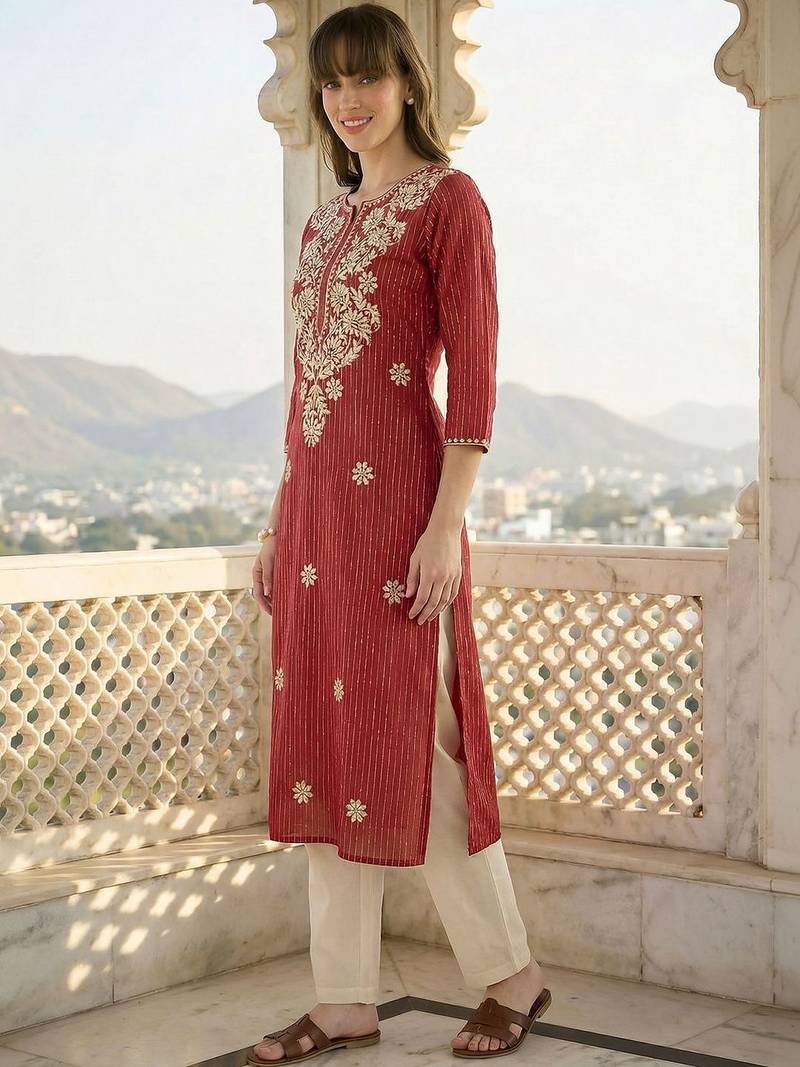 Maroon women floral embroidered thread work kurta