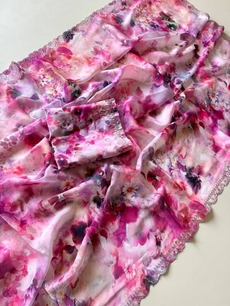Multicolor satin printed saree with floral print