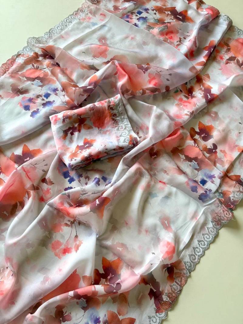 Multicolor satin printed saree with floral print