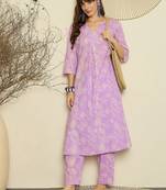 Lavender floral printed v-neck a-line pure cotton kurta with trousers