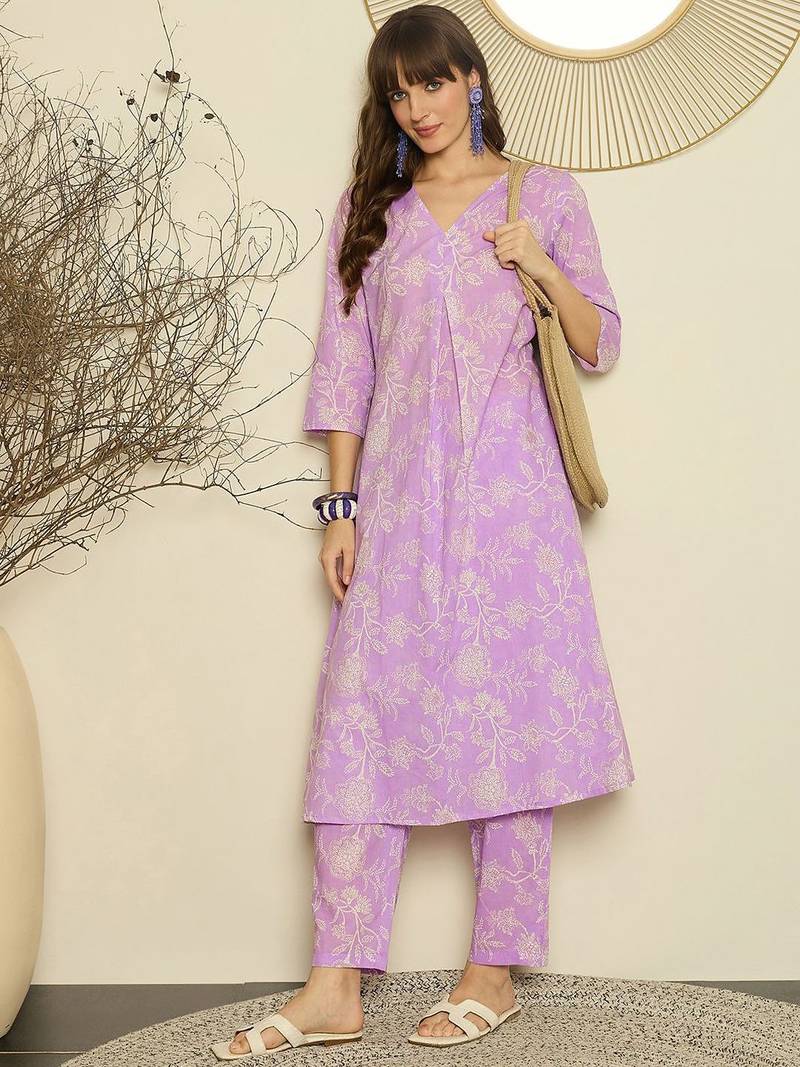 Lavender floral printed v-neck a-line pure cotton kurta with trousers