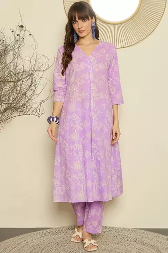 Lavender floral printed v-neck a-line pure cotton kurta with trousers