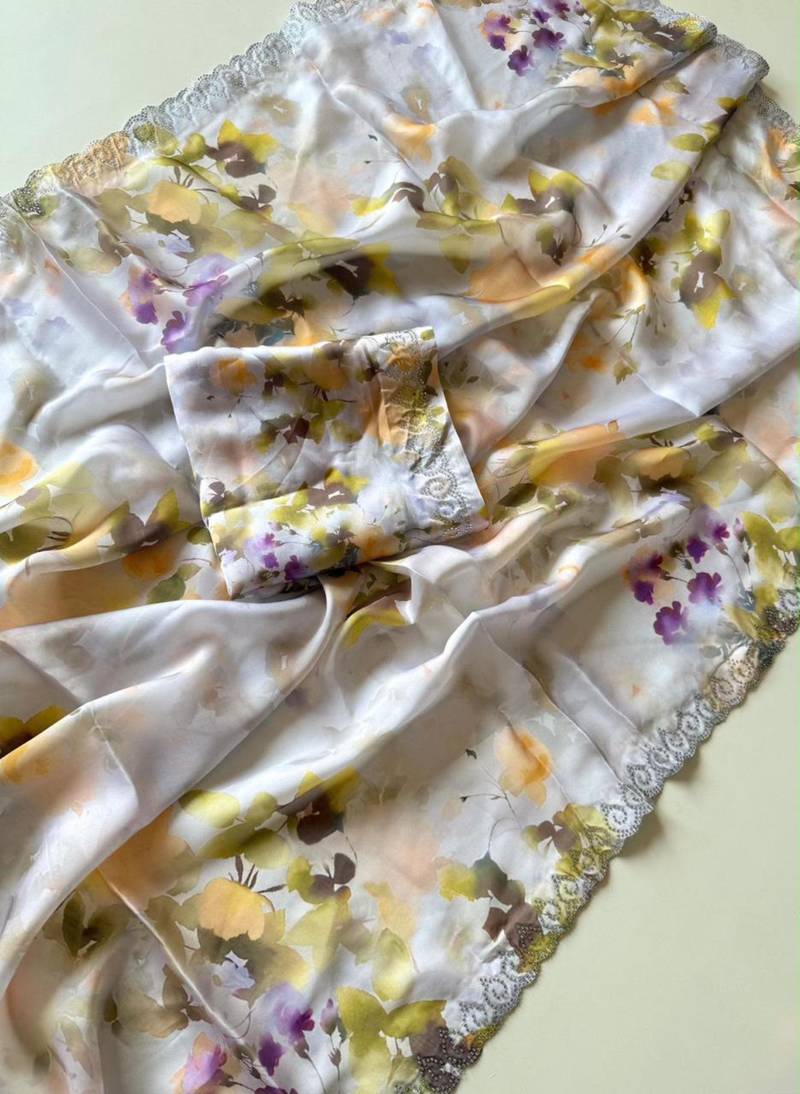 Multicolor satin printed saree with floral print