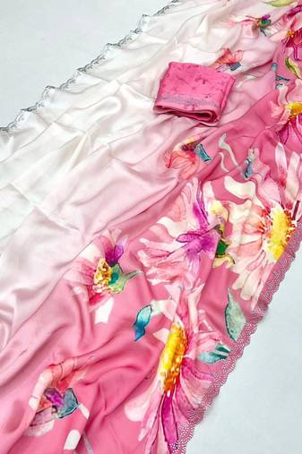 Multicolor satin printed saree with floral print