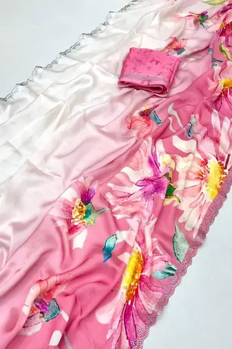 Multicolor satin printed saree with floral print