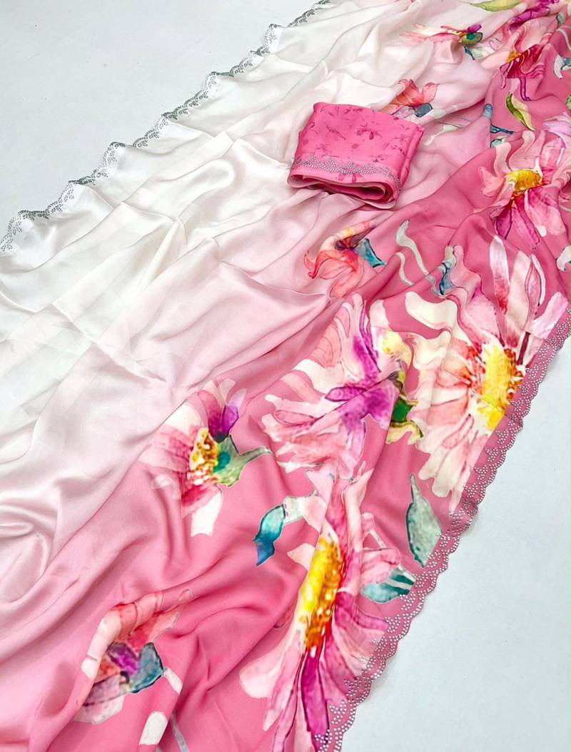 Multicolor satin printed saree with floral print