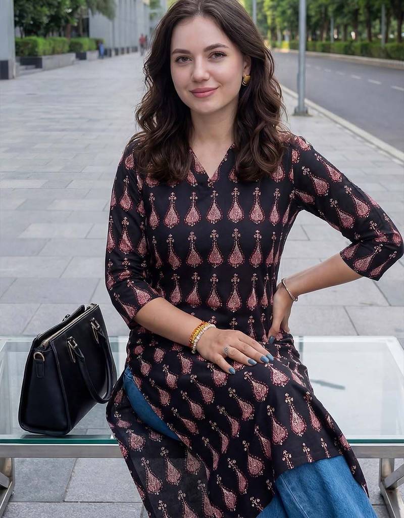 Black women ethnic motifs printed kurta