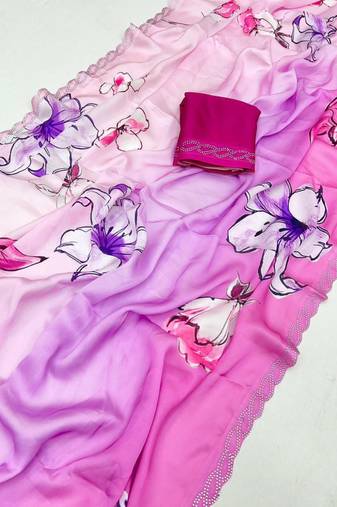 Multicolor satin printed saree with floral print