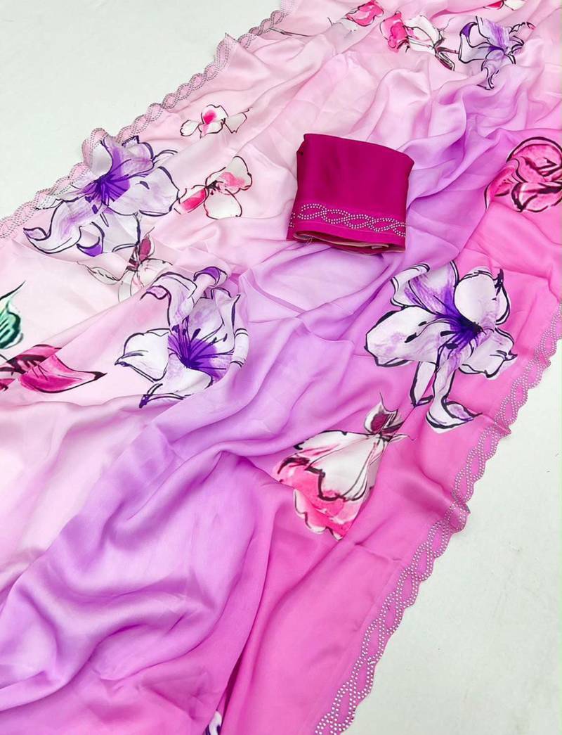 Multicolor satin printed saree with floral print