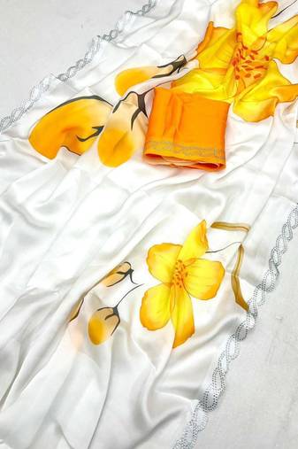 Multicolor satin printed saree with floral print