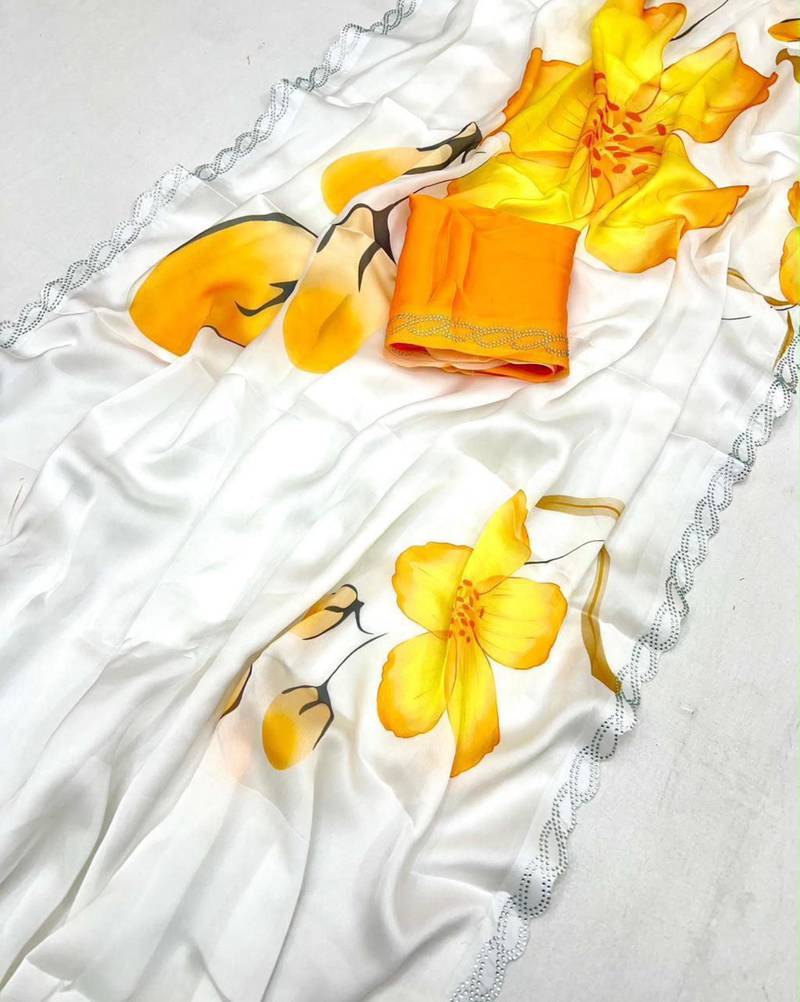 Multicolor satin printed saree with floral print