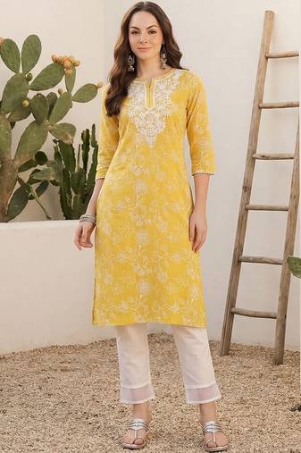 Yellow women floral embroidered thread work kurta