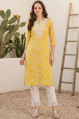 Yellow women floral embroidered thread work kurta