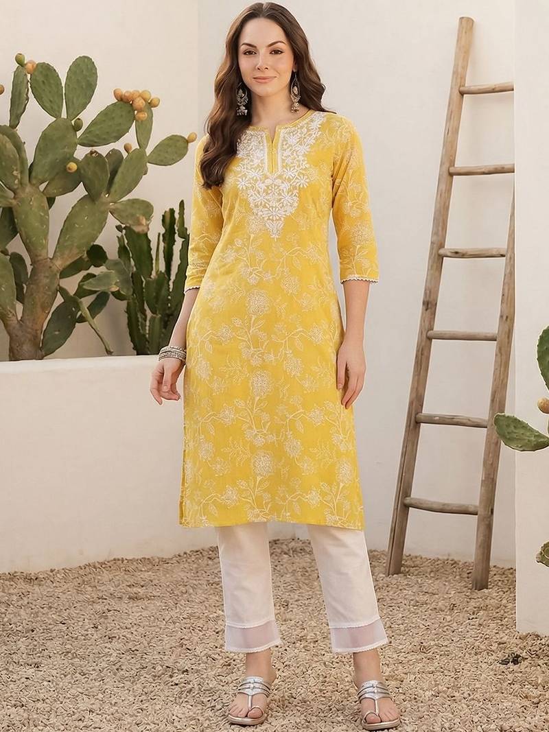 Yellow women floral embroidered thread work kurta