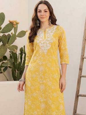Yellow women floral embroidered thread work kurta 2