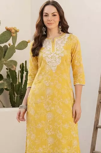Yellow women floral embroidered thread work kurta