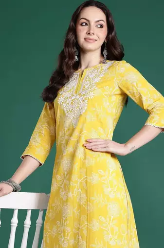 Yellow women floral embroidered thread work kurta