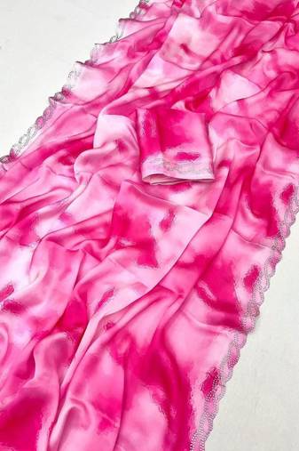Pink satin printed saree with floral print